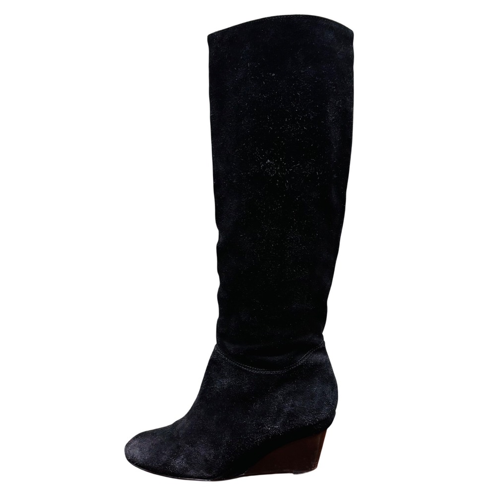 Michael Kors KORS Black Suede Tall Wedge Boots Round Toe Wood Heel 7.5M